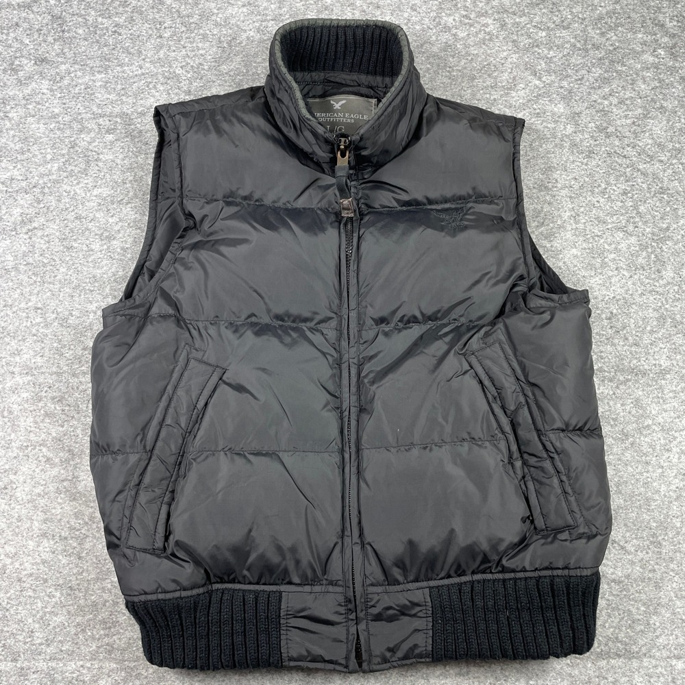 American Eagle Puffer Vest Mens L Black Down Filled Quilted Full Zip Mock Neck